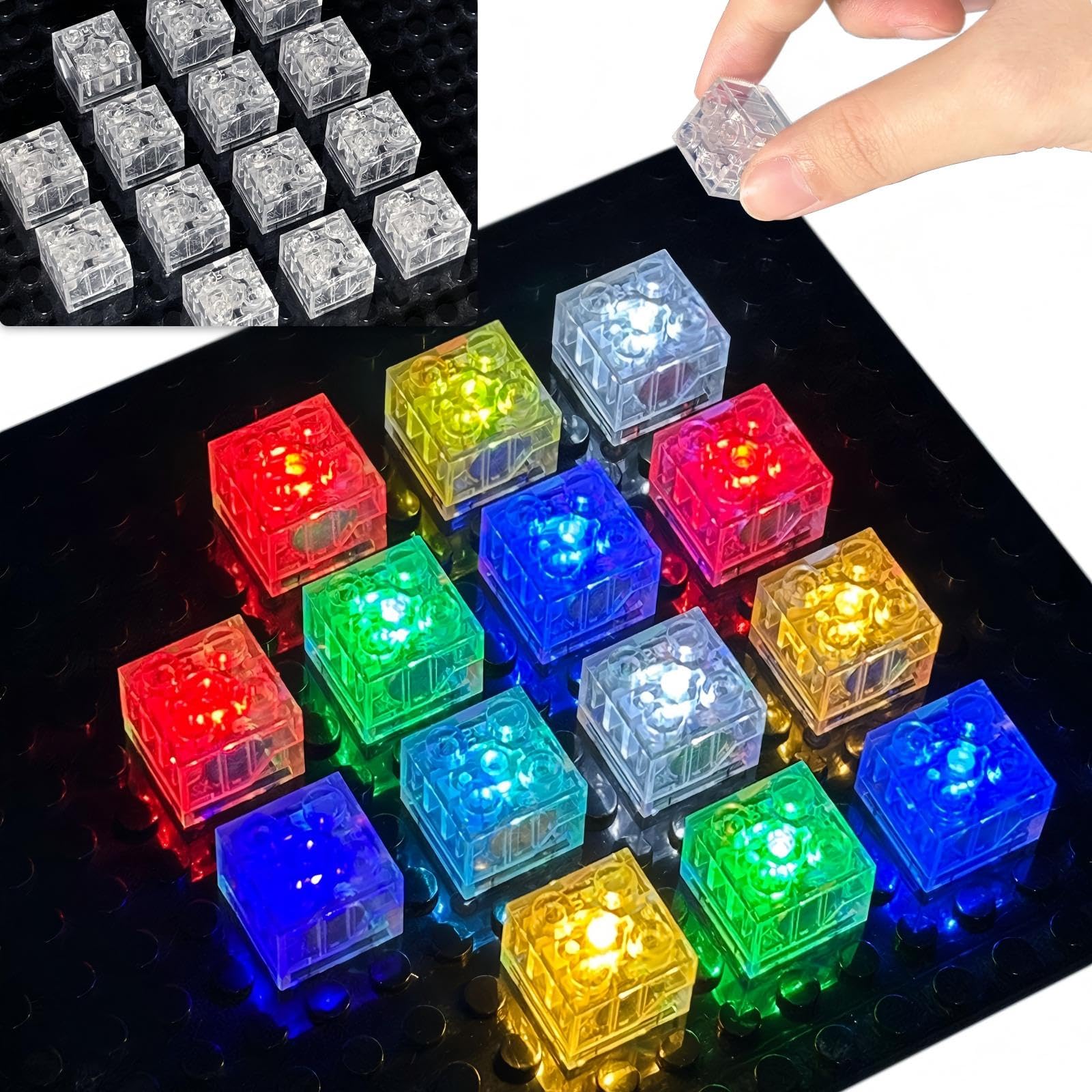 14PCS Light Up Bricks, LED Lights Bricks Accessories Kits, 2x2 2x3 Classic Transparent Parts Building Block Set, Compatible with Lego, Compatible with All Major Brands (Update 2x2 Square)