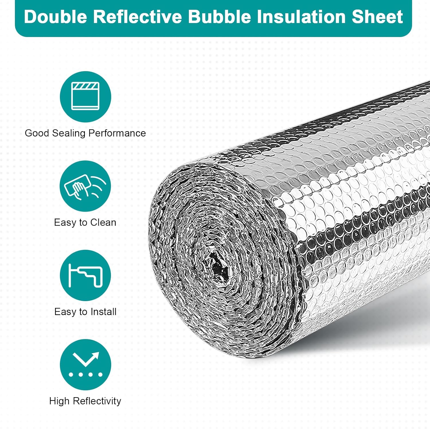 Reflective Insulation Roll 47.2 in X 16.4 FT, Window Insulation for Summer Heat, Double Side Aluminum Foil Bubble Shield for Windows, Roof, Garage Door