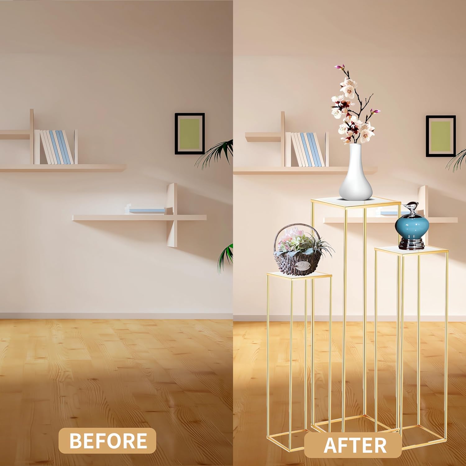 3pcs Gold Metal Plant Stand, Cylinder Pedestal Stands for Parties, Metal Plant Columns Pedestal Stands for Display, Square Cylinder Columns tables for Weddings Cake Stand Floor Plant Tables