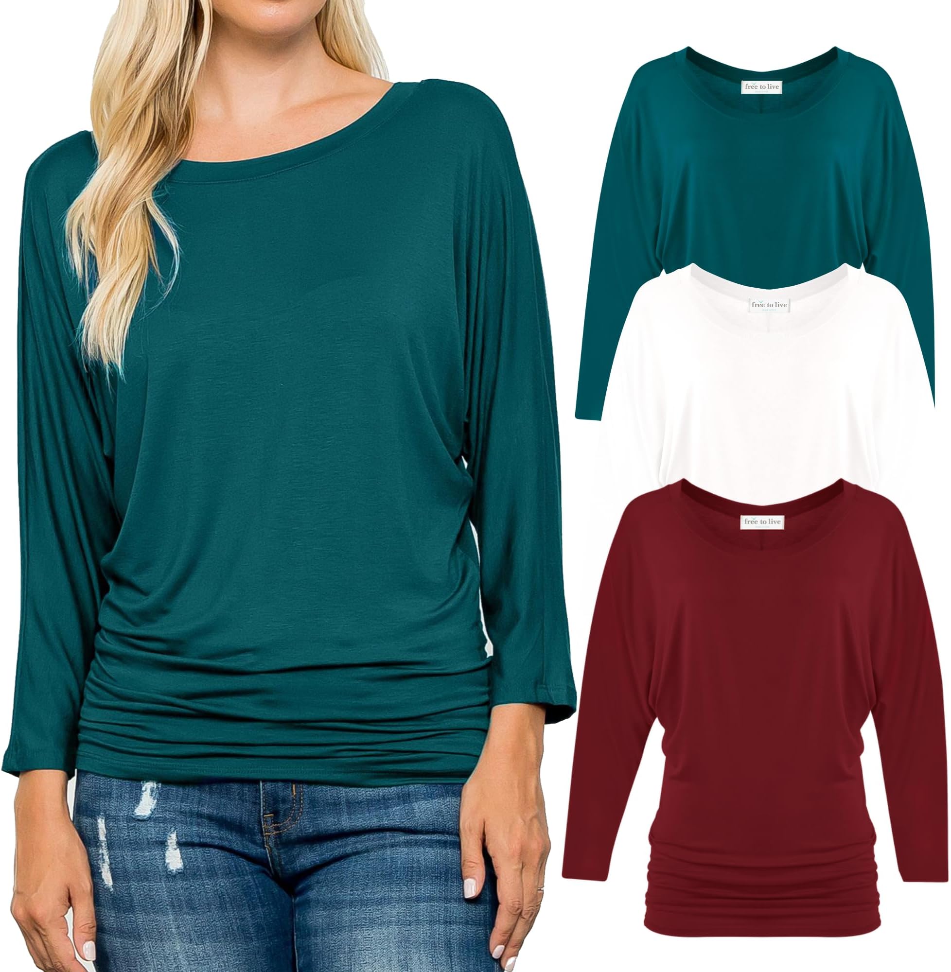 Free to Live 3 Pack Women's Dolman Tops with 3/4 Sleeves