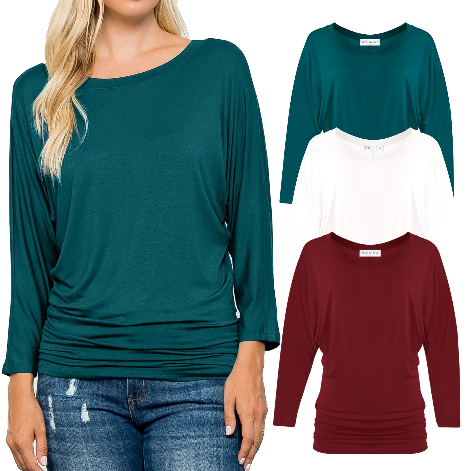Free to Live 3 Pack Women's Dolman Tops with 3/4 Sleeves