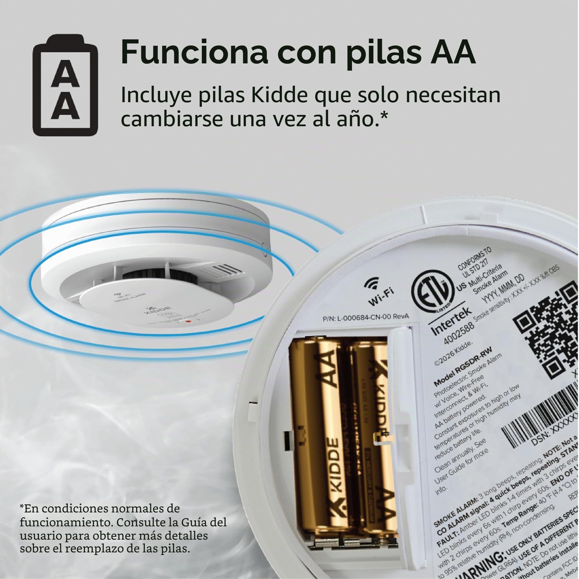 Kidde Detector de Humo Inteligente, aplicación Ring habilitada para notificaciones en Tiempo Real, interconectividad inalámbrica, Pilas AA