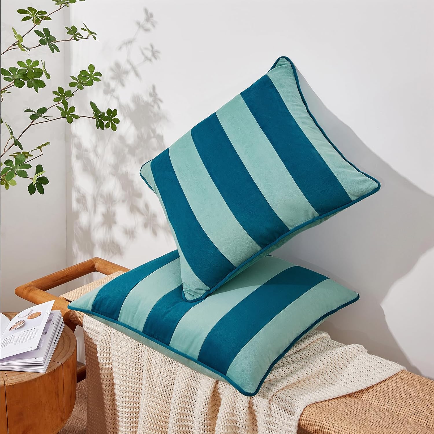 MONDAY MOOSE Decorative Throw Pillow Covers Cushion Cases, Set of 2 Soft Velvet Striped Piping Edge Designs, Pillow Inserts Not Included (18x18 inch, Blue/Light Blue)