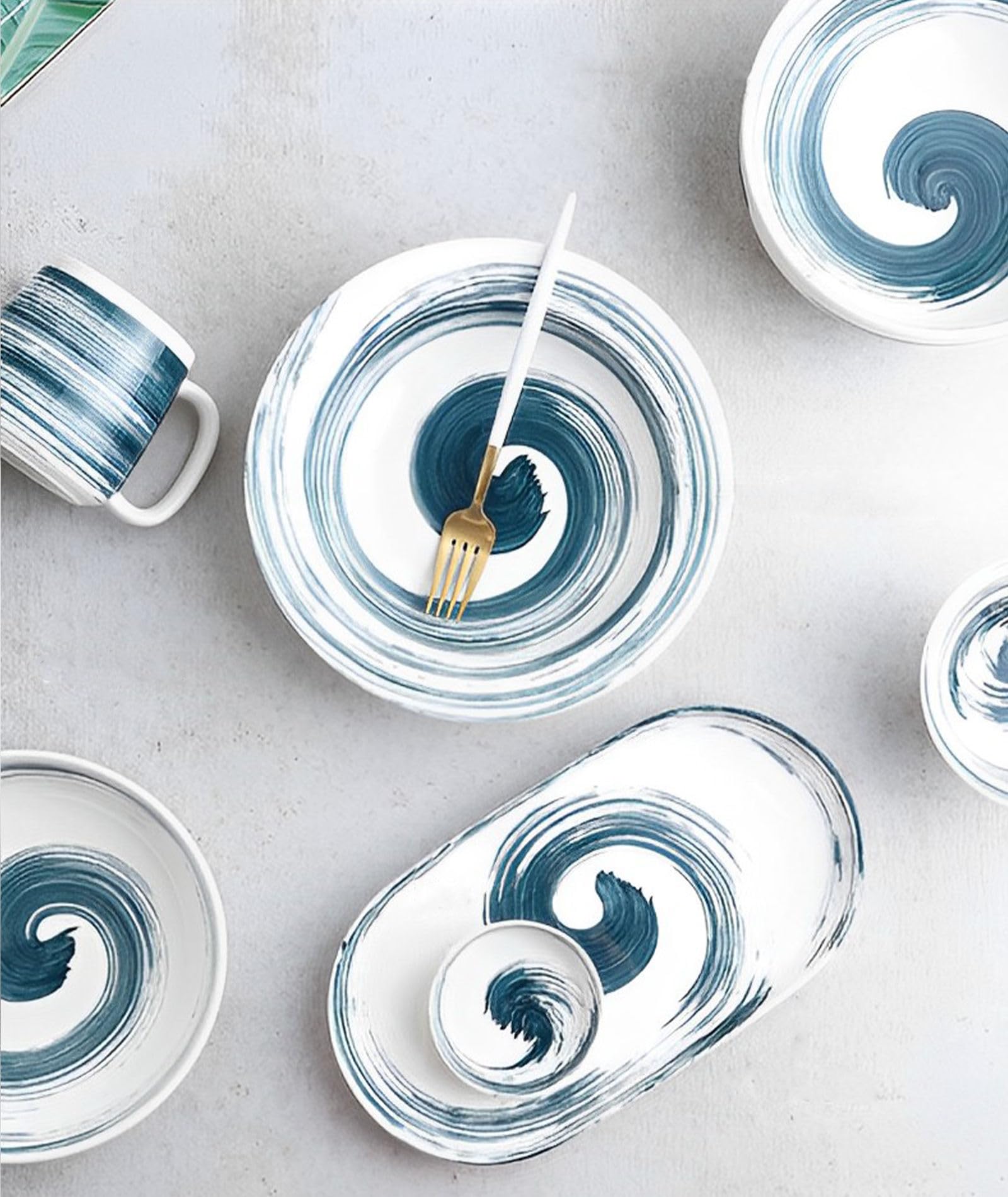 Müslischüssel-Set, 400 ml, Suppenschüsseln, mikrowellengeeignet, Frühstücksschalen, Reisschalen, Keramik-Müslischalen (Blau und Weiß, 4 Stück)