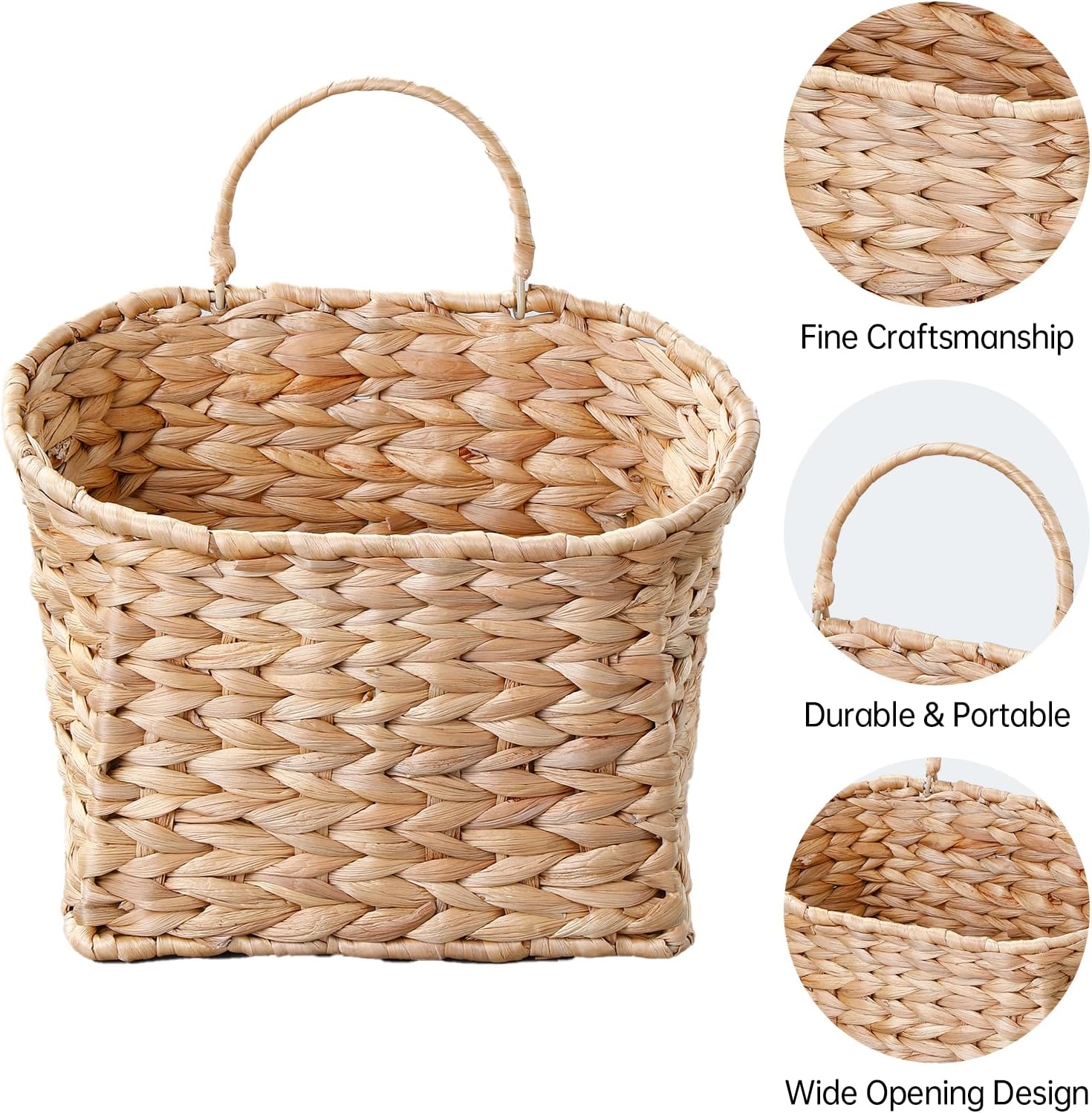 Coeusy Wicker Hanging Basket,Woven Hanging Wall Basket for Organizing and Decor,Natural Water Hyacinth Wall Mounted Storage Baskets for Farmhouse Home,Door,Entryway,Flower,Mail,Plant,Set of 2