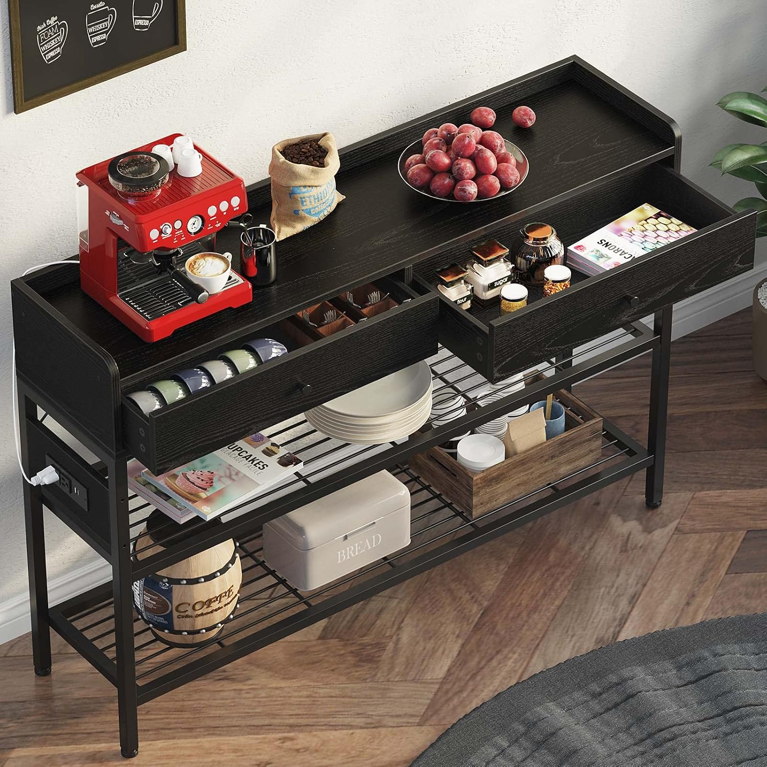 Rolanstar Entryway Table with Drawers,31.5” Entry Hallway Table with Charging Station Metal Storage Shelves,3-Tier Console Sofa Table Entry Stand with LED Lights for Couch, Entrance, Living Room