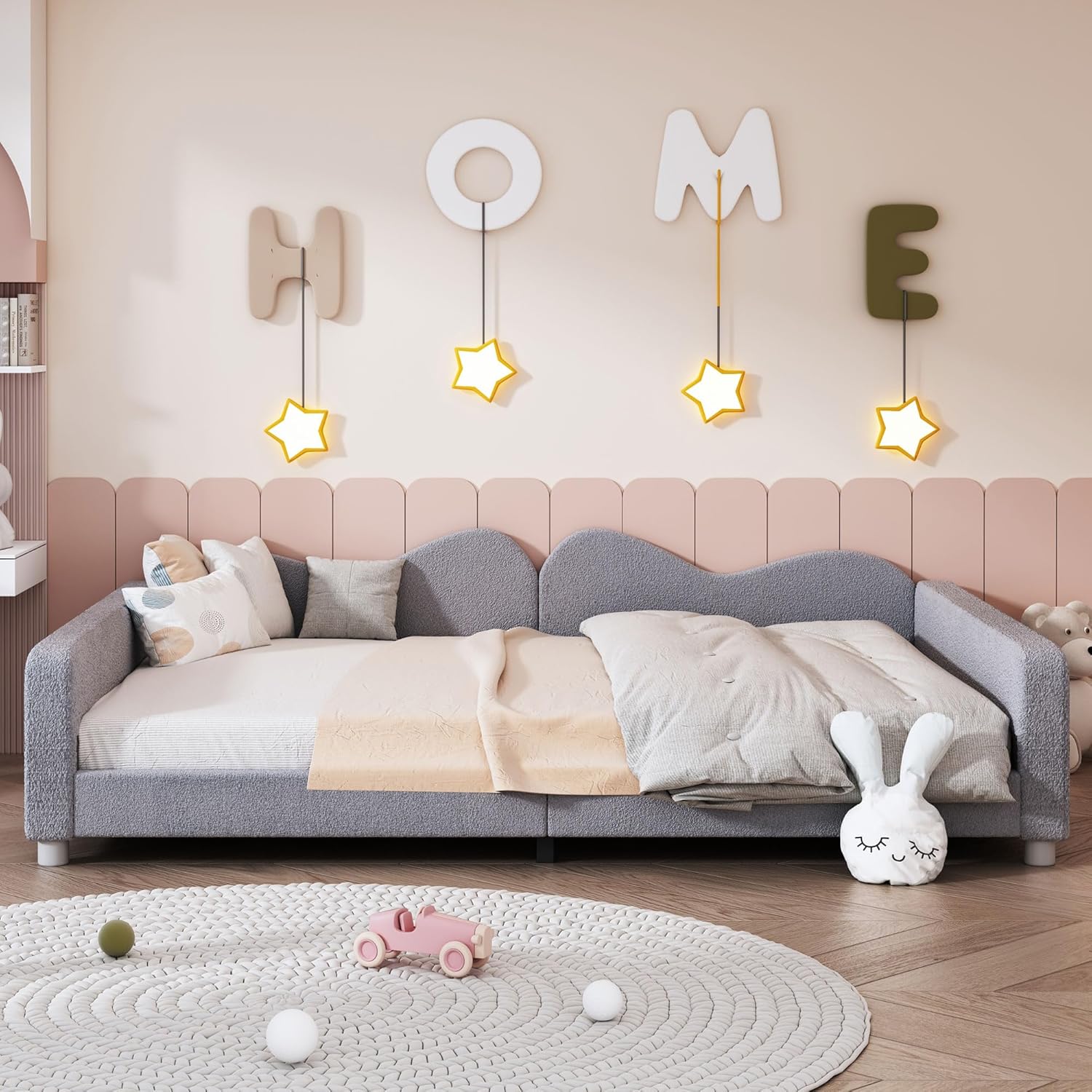 Upholstered Daybed, Sherpa Fabric Sofabed with Cloud-Shaped Backrest for Bedroom,No Box-Spring Needed (Grey, Full)