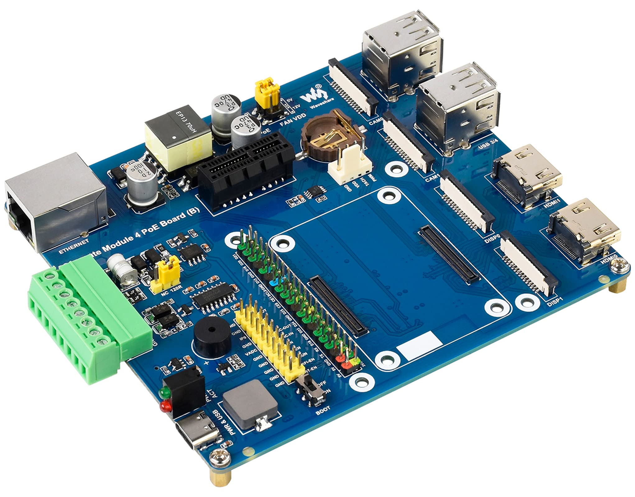 Compute Module 4 IO Board with PoE Feature (B) for All Versions of Compute Module 4, 802.3af-Compliant PoE Circuit,with 4X USB 2.0/2x MIPI DSI Display Port /2X MIPI CSI Camera Port Connectors