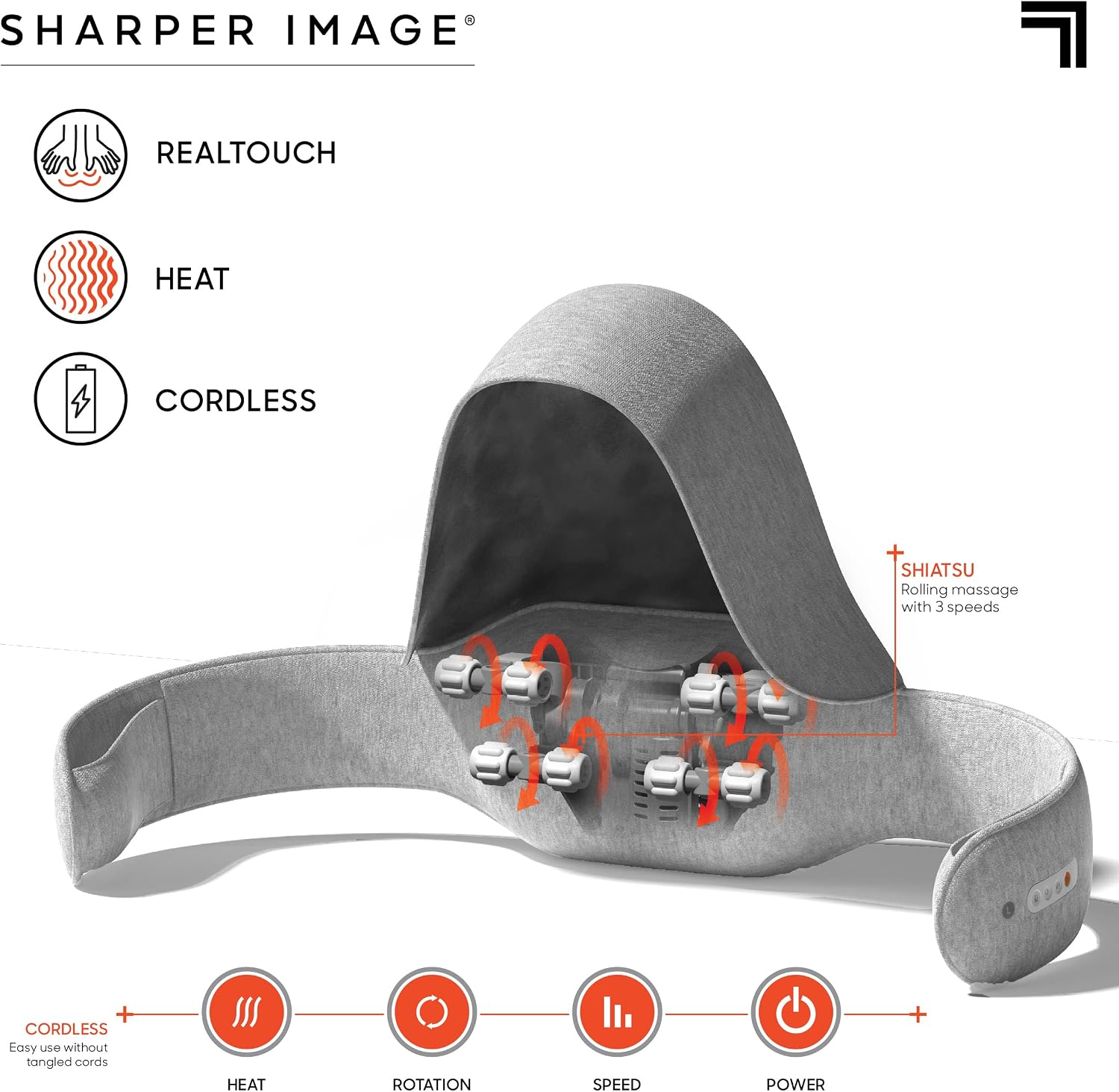 Close-up view of the Sharper Image Realtouch Cordless Neck and Shoulder Shiatsu Massager's control panel, showing buttons for power, speed, rotation, and heat.