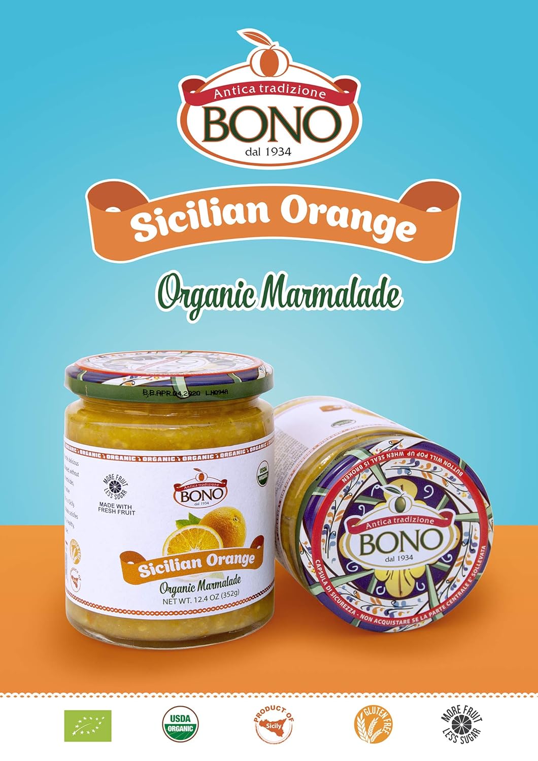 BONO Sicilian Orange Organic Marmalade, 3 pack