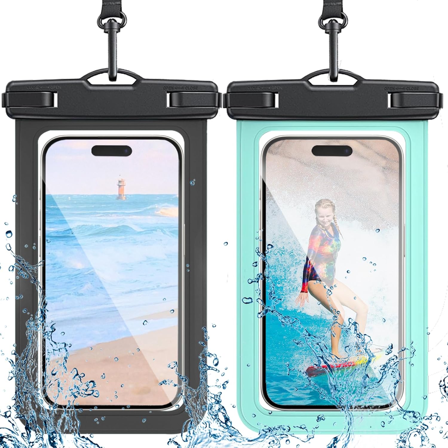 Product image of 2 Pack Waterproof Phone Pouch with Adjustable Lanyard for iPhone 16 15 14 13 12 Pro Max, for Samsung Galaxy S25/S24 up to 7.5", IPX8 Cellphone Water Proof Phone Case Dry Bags Black/Green