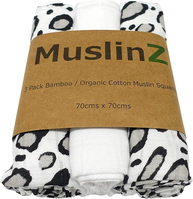 MuslinZ 3PK Baby Muslin Squares 70x70cms Bamboo/Organic Cotton Leopard Sensory Print
