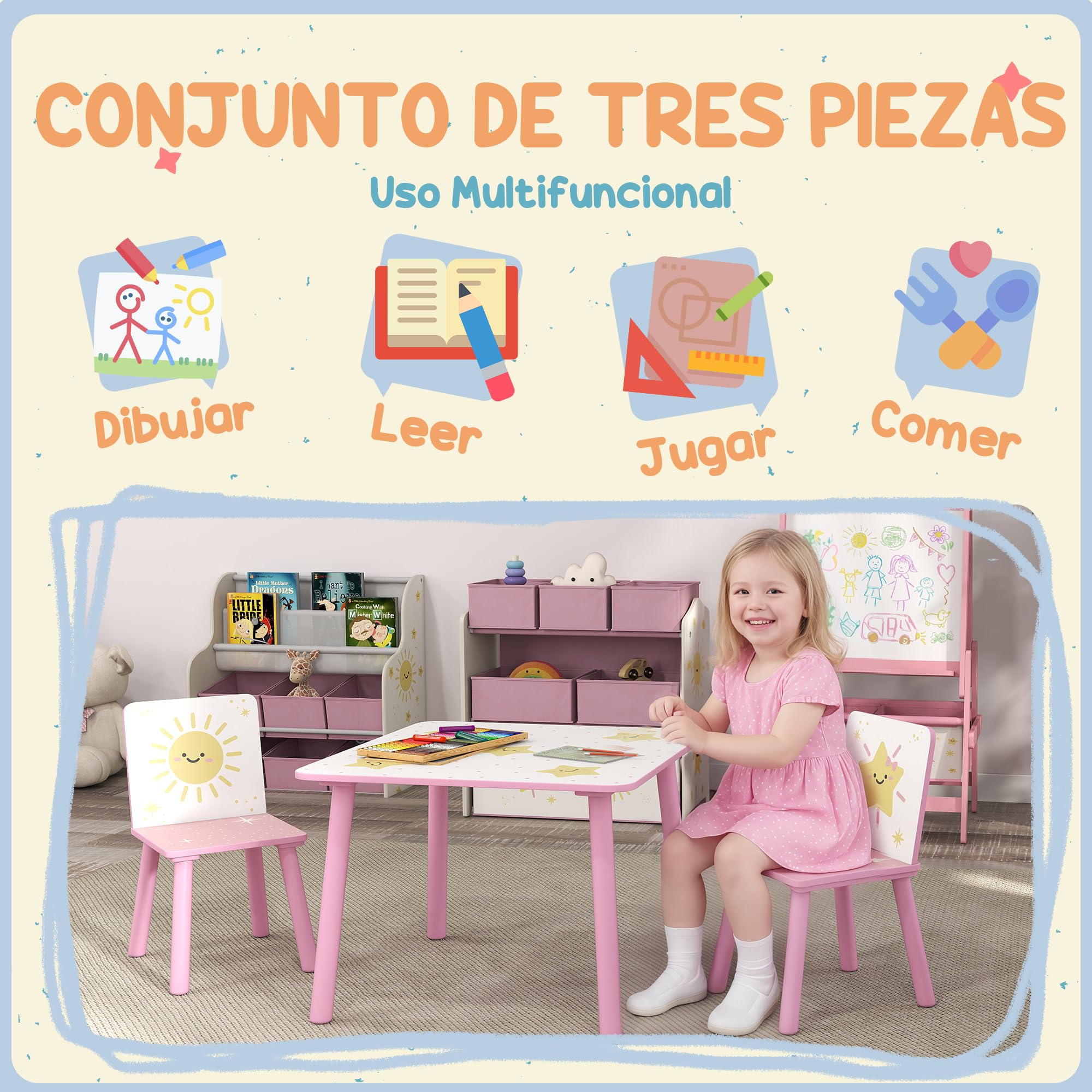 AIYAPLAY Mesa y Sillas Infantiles de 3 Piezas, Mesa Infantil con 2 Sillas de Madera de Pino, Juego de Muebles con Dibujos de Estrella para niños de +3 Años, para Dormitorio, Sala de Juegos, Rosa