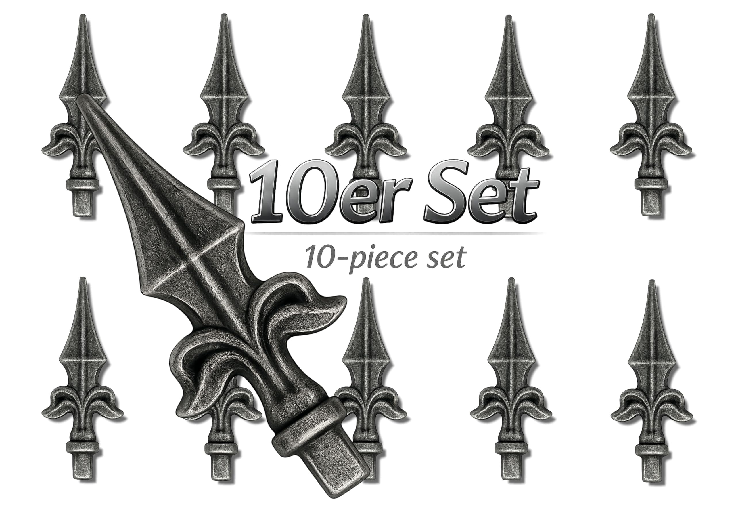 Punta de valla de hierro forjado, 10 piezas forjadas de acero, punta decorativa rústica de hierro, punta de metal, punta de lanza (130x55mm, 10 uds., diámetro de acoplamiento Ø12mm)