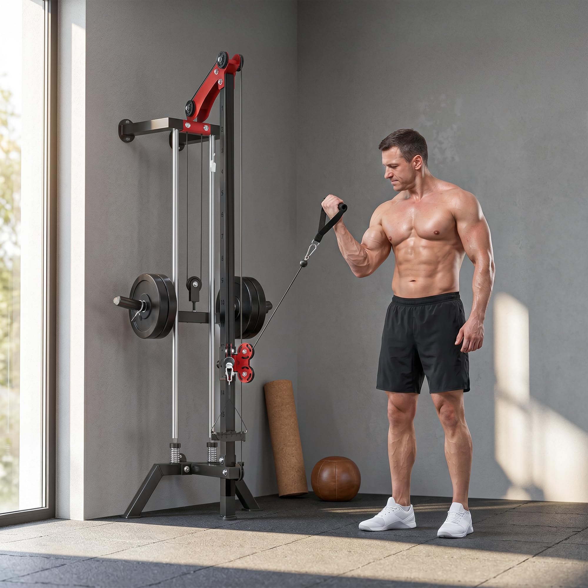 SPORTNOW Latzugstation 16-Fach Verstellbar zur Wandmontage Latzugturm inkl. Latzugstange Griffstange Seilzug Latzugmaschine bis 120kg Fitnessstation Kabelzugstation Latzug-Station Kraftstation