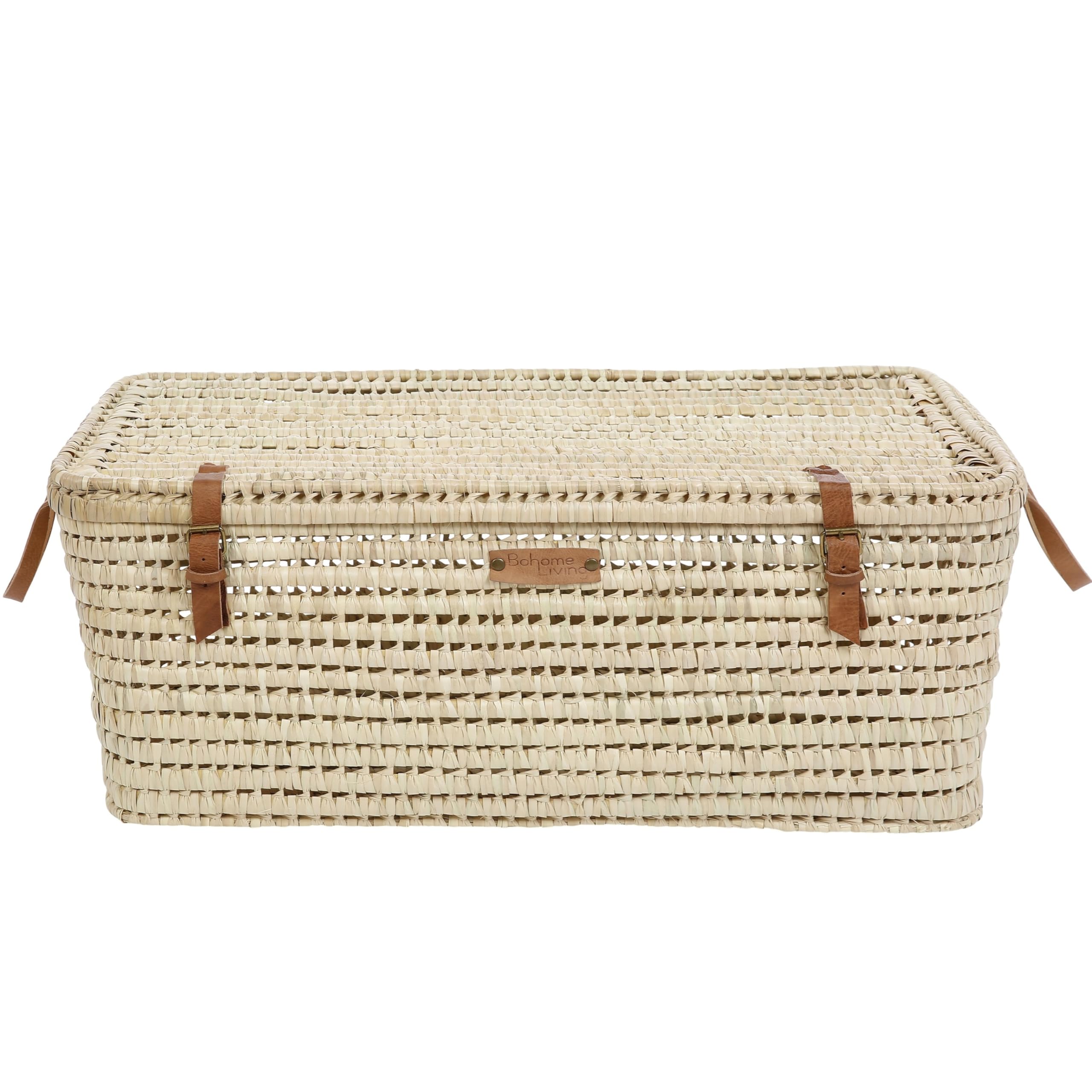 Coffre de Rangement en Osier, Malle de Salon ou Chambre, Bohème Chic (80cm)