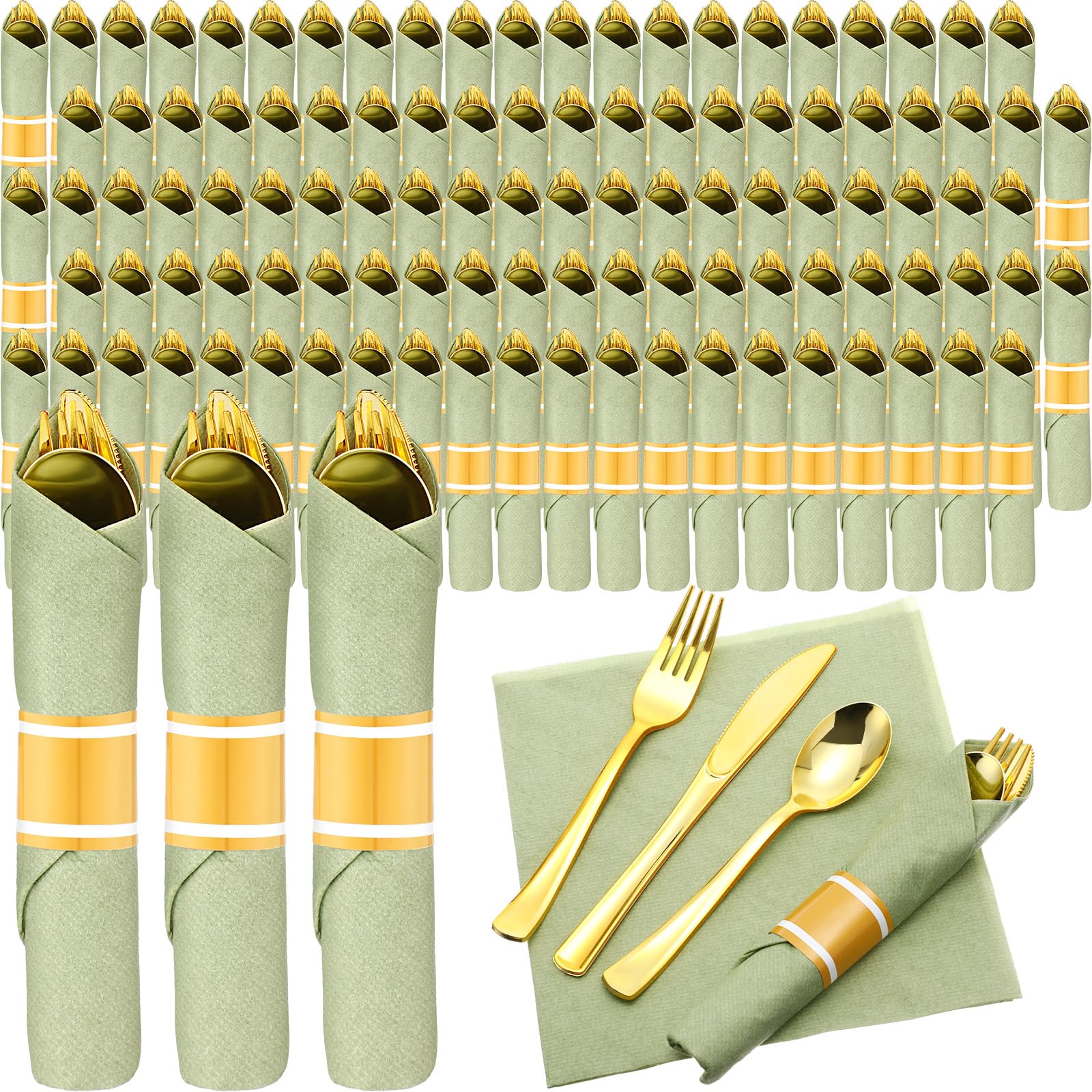 Zubebe 100 Pack Rolled Silverware Pre Rolled Silverware Set Disposable Wrapped Plastic Cutlery Set Disposable Utensils Includes Forks, Knives, Spoons, Napkins Wrapped for Wedding Party (Gold,Green)