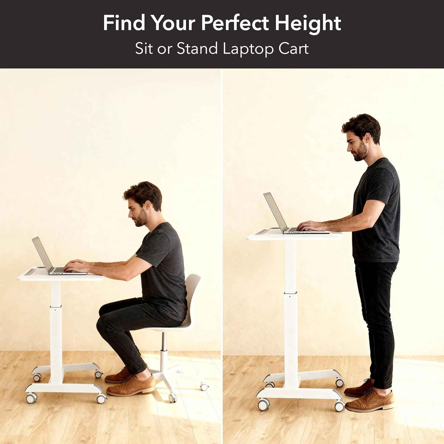 Mount-It! Laptop Cart Rolling Desk Adjustable Height with 28.5" x 22" Tabletop, Ergonomic Sit-Stand Workstation on Wheels Portable for Home Office, Dorm, Classroom, White