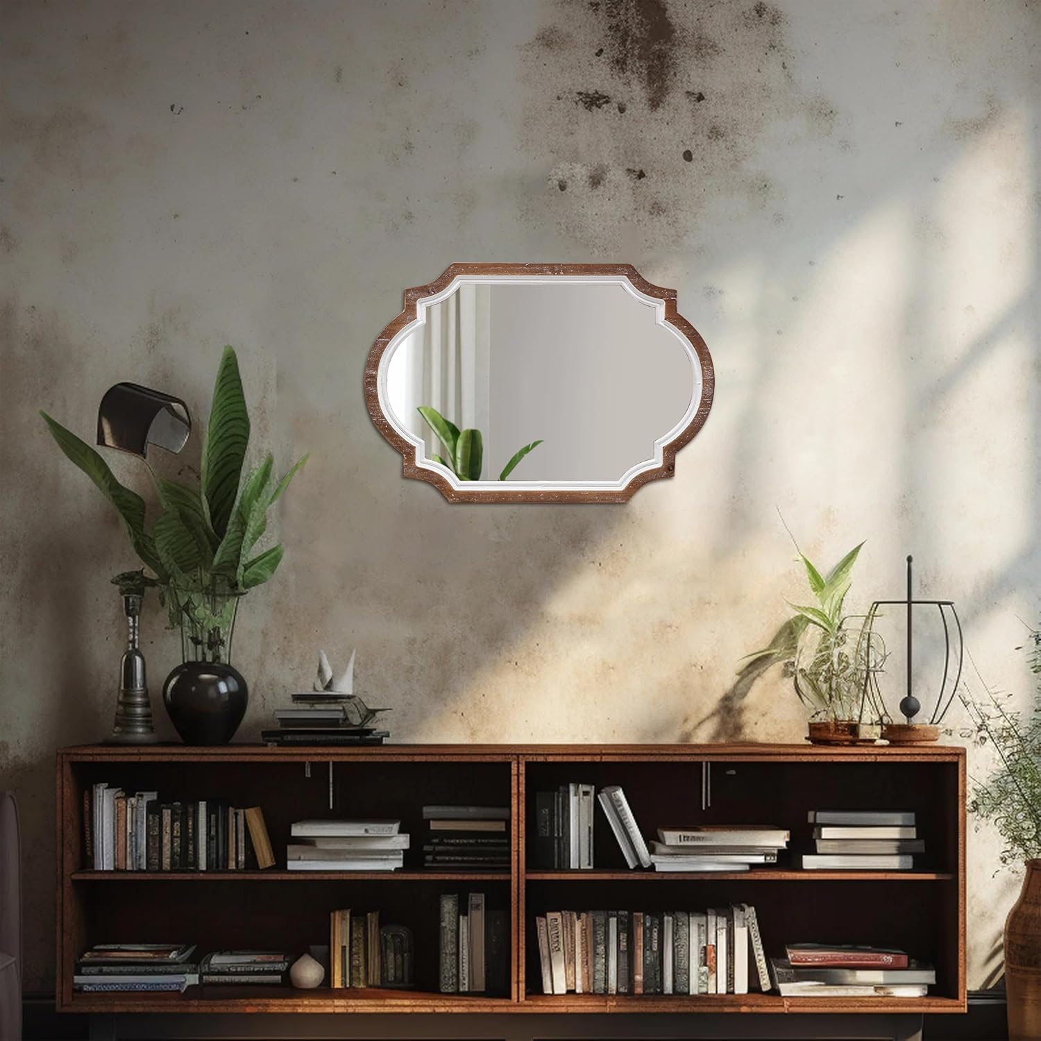 Farmhouse Oval Mirrors for Wall 16 X 22 Inch, Hanging Vintage Oval Mirrors for Bathroom, Distressed White Rustic Wood Framed Entryway Mirror with Scalloped Corner Living Room