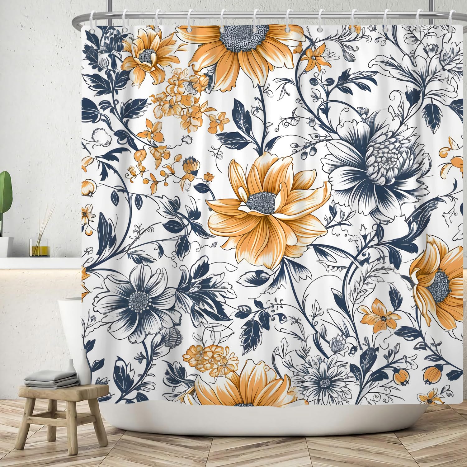 ASDCXZ Flower Shower Curtain 120x180 cm, Spring Hand Painted Yellow Sunflower Blue Flower Leaves White Washable Shower Curtains Polyester Textile Waterproof Bath Curtain for Bathtub with 8 Hooks — image 1