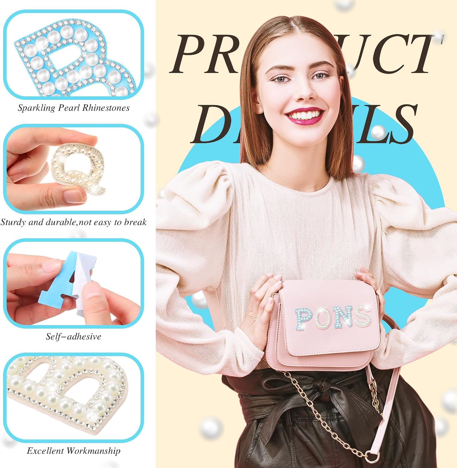 52 Pcs Self Adhesive Rhinestone Pearl Letter Patches A-Z, White, Blue