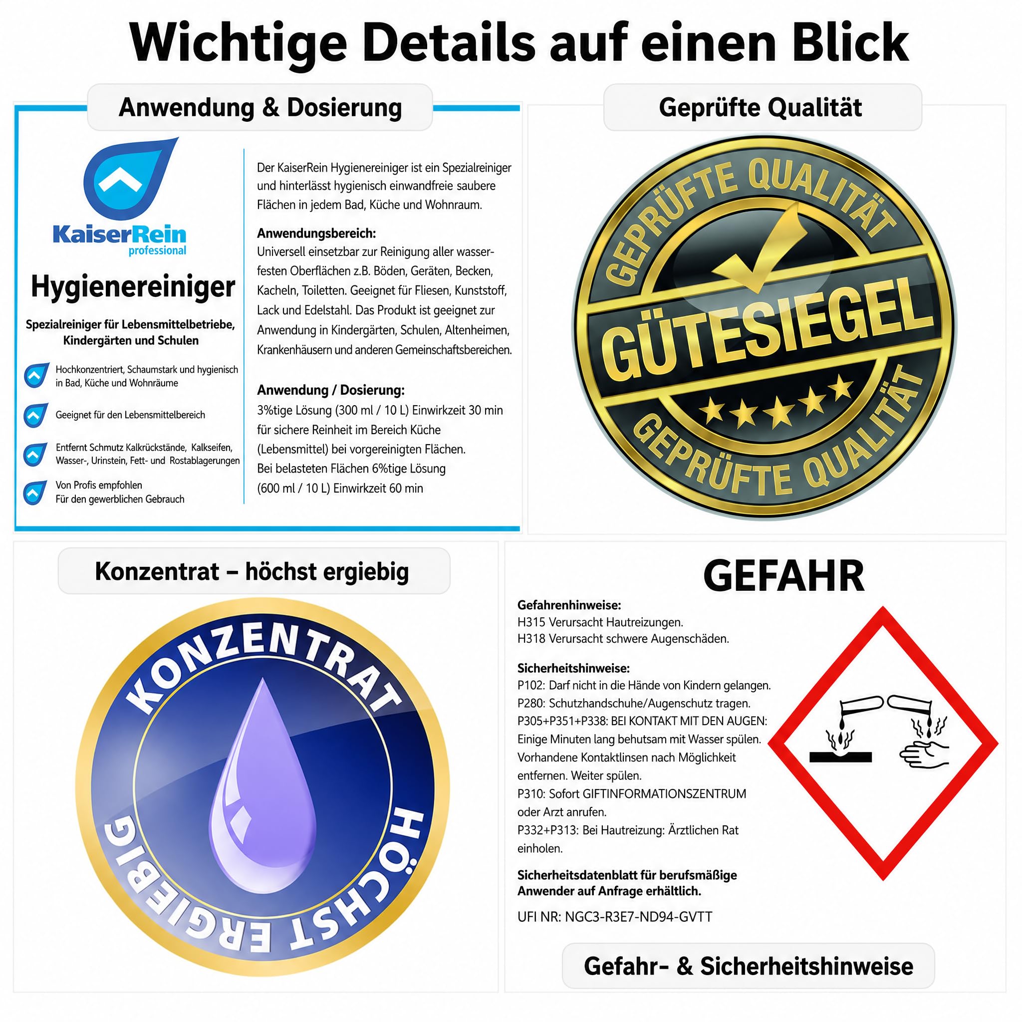 KaiserRein Hygienereiniger Konzentrat, Profi-Universalreiniger für Bad, Küche & Boden, Sanitärreiniger/Kalkreiniger/Fettlöser, 10 L Kanister, schaumfähig für wasser- & säurebeständige Oberflächen