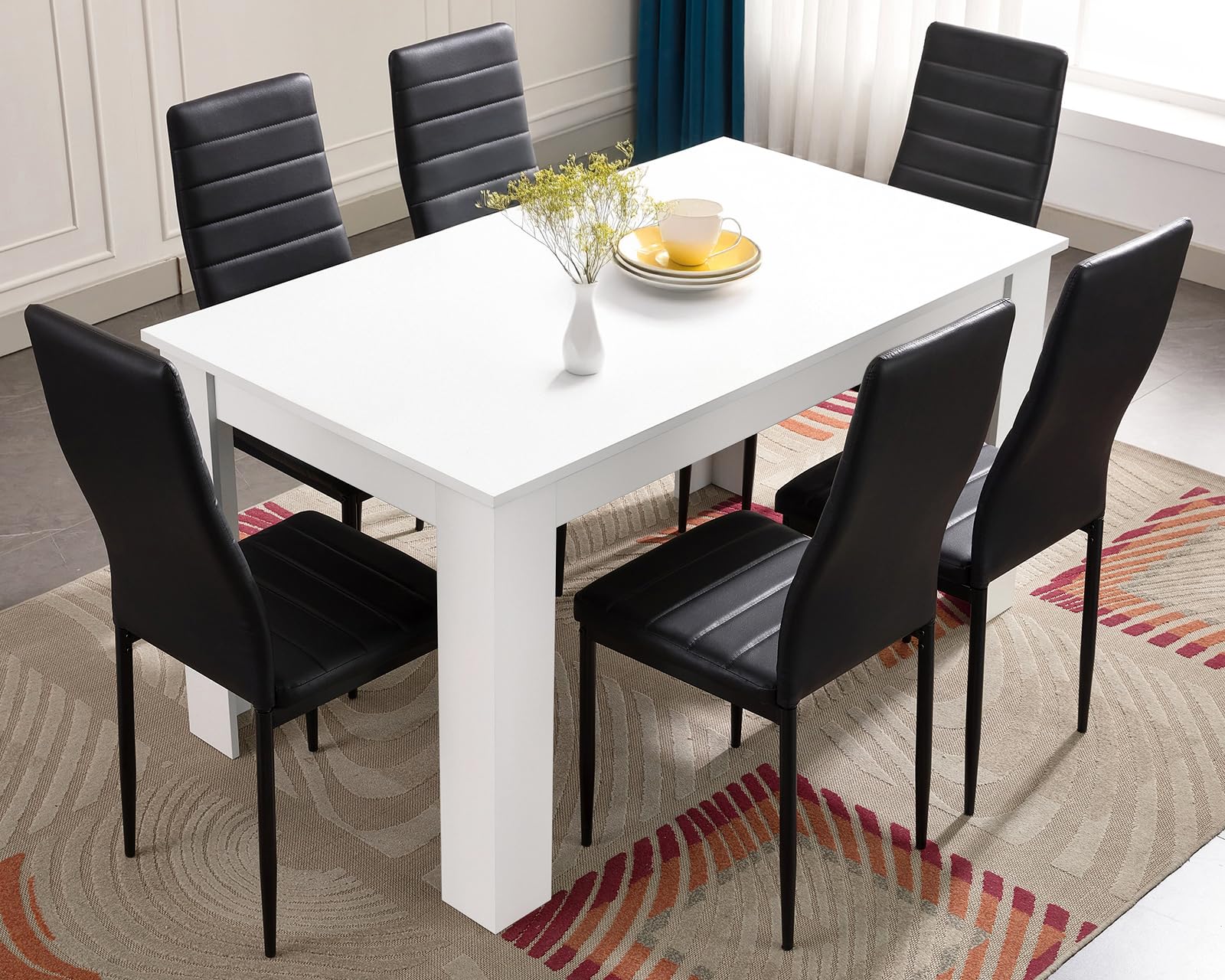 Dining Table and Chairs Set 6, Dining Room Chairs and 18mm Thick Table Top 140 x 80 cm Long Wooden Dining Table Modern Design Dining Table Set for Home Kitchen Furniture