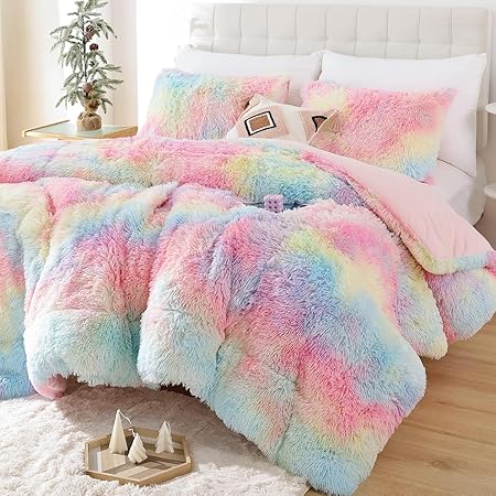 Smoofy Fluffy Queen Comforter Set, Faux Fur Pink Comforter Set Queen Size, Luxury Fuzzy Bedding Set, Soft Shaggy Bed Set for All Season, 3 Pieces - 1 Comforter & 2 Pillowcases, Tie-Dye Pink