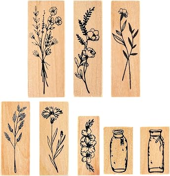 Vintage Wooden Rubber Stamp Set, 8 PCS Cute Plant Flower Bottle Stamps Decorative for DIY Crafting Clay Scrapbook Painting Letters Diary Teaching and Card Making