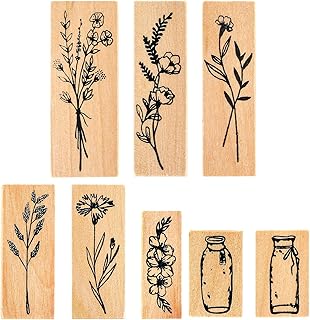 Vintage Wooden Rubber Stamp Set, 8 PCS Cute Plant Flower Bottle Stamps Decorative for DIY Crafting Clay Scrapbook Painting Letters Diary Teaching and Card Making