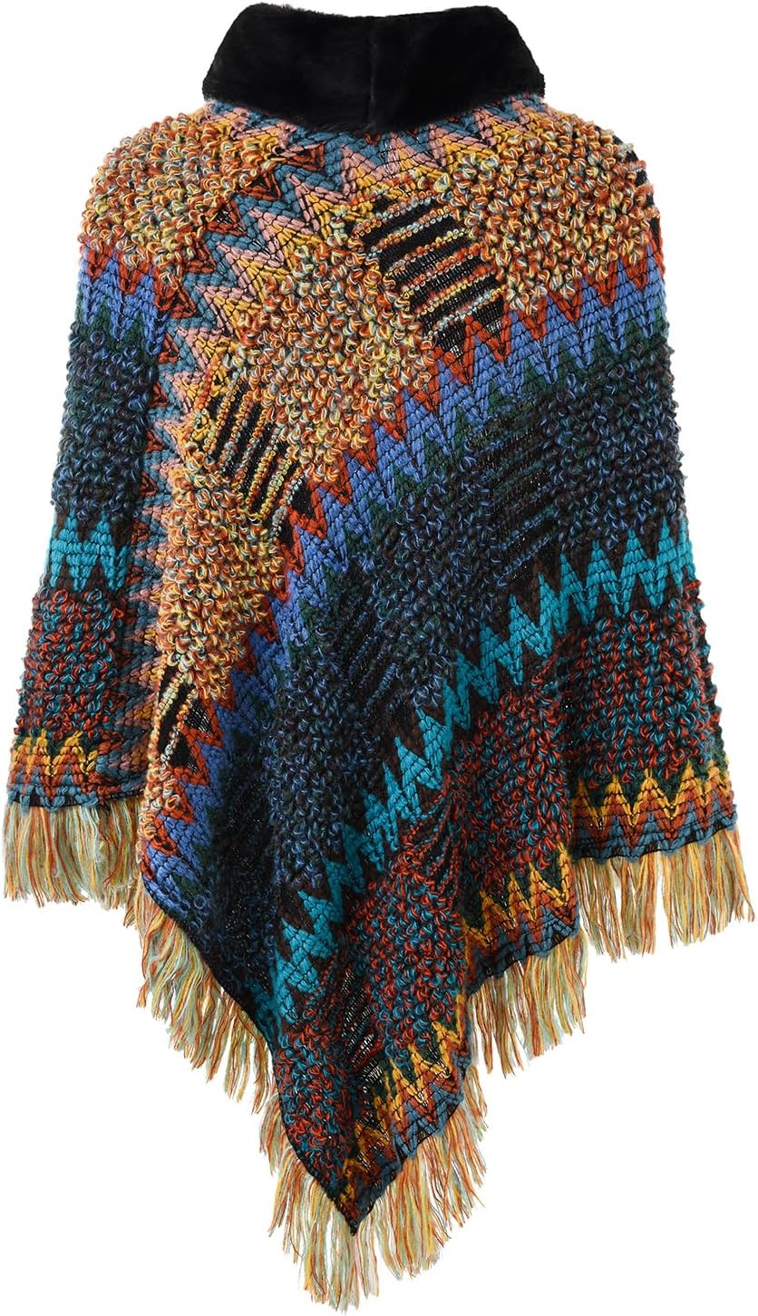 Ferand Women's Cozy Boho Turtleneck Poncho Sweater with Fringe Stylish Chevron Design for Winter - Image 3