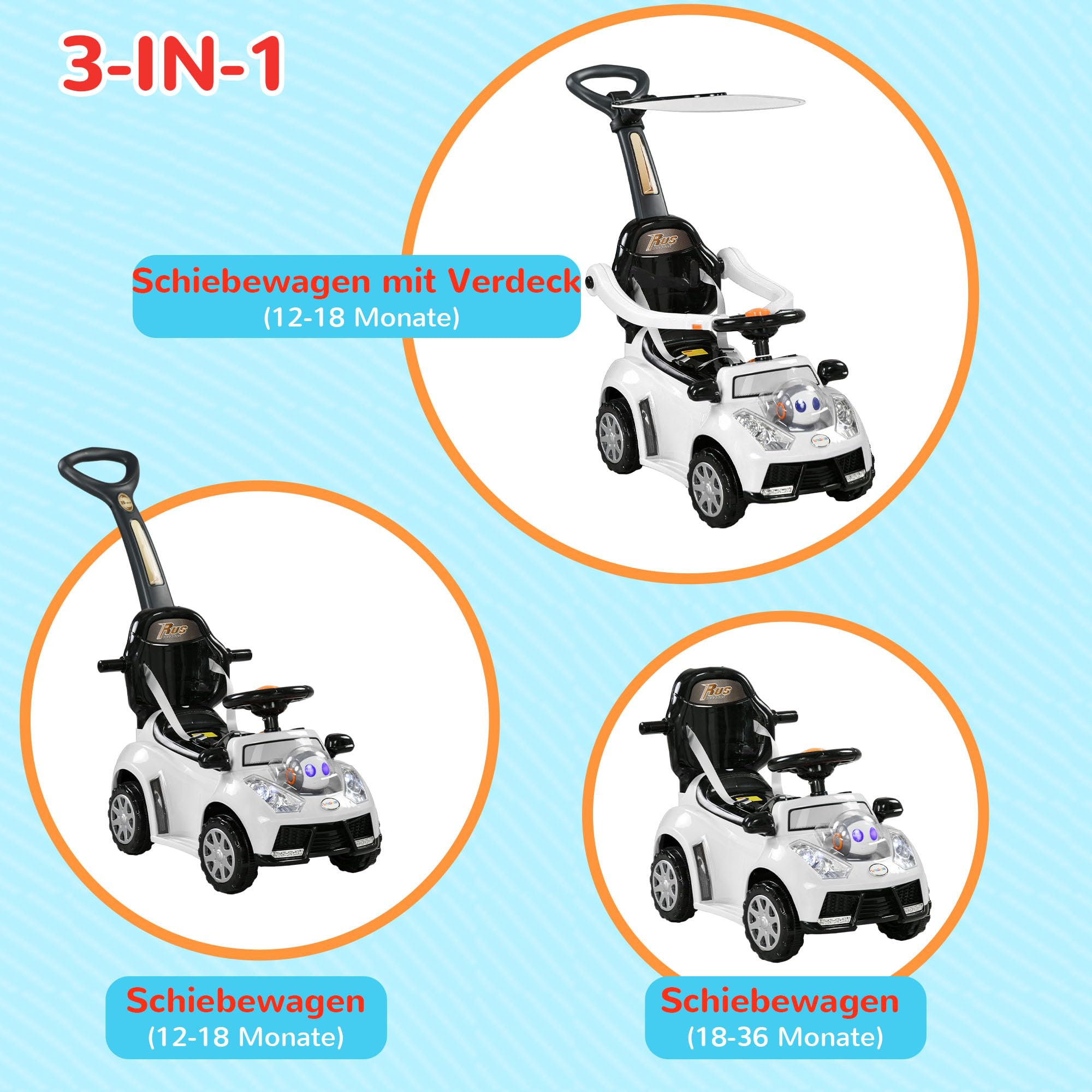 AIYAPLAY Rutschauto Rutscher Kinderauto Kinderfahrzeug Schub- und Haltestange mit Rückenlehne Schutzbügel, Lauflernhilfe für Kinder 12-36 Monate Weiß+Schwarz