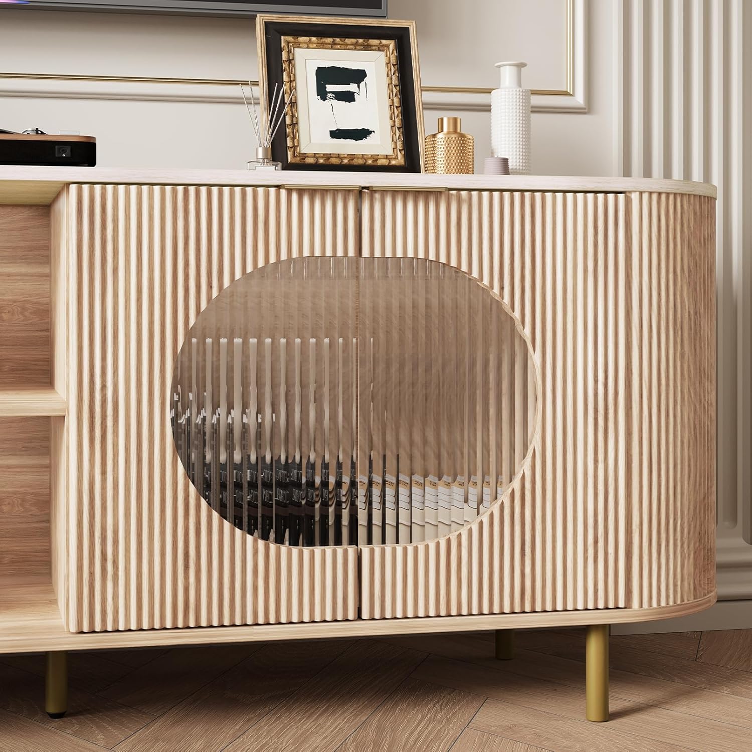 65 Inch Modern TV Stand, Fluted Entertainment Center for TVs Up to 80", Faux Marble Top with Gold Accents, Adjustable Shelves, Curved Profile, Media Console for Living Room - Natural Oak Finish