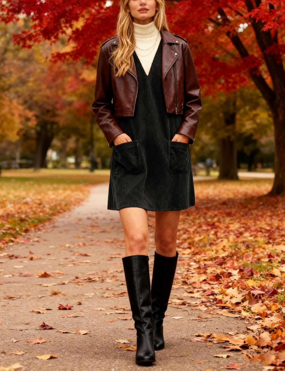 Athlisan Womens Corduroy V Neck Mini Dress A Line Pinafore Jumper Dress with Pockets - Image 5