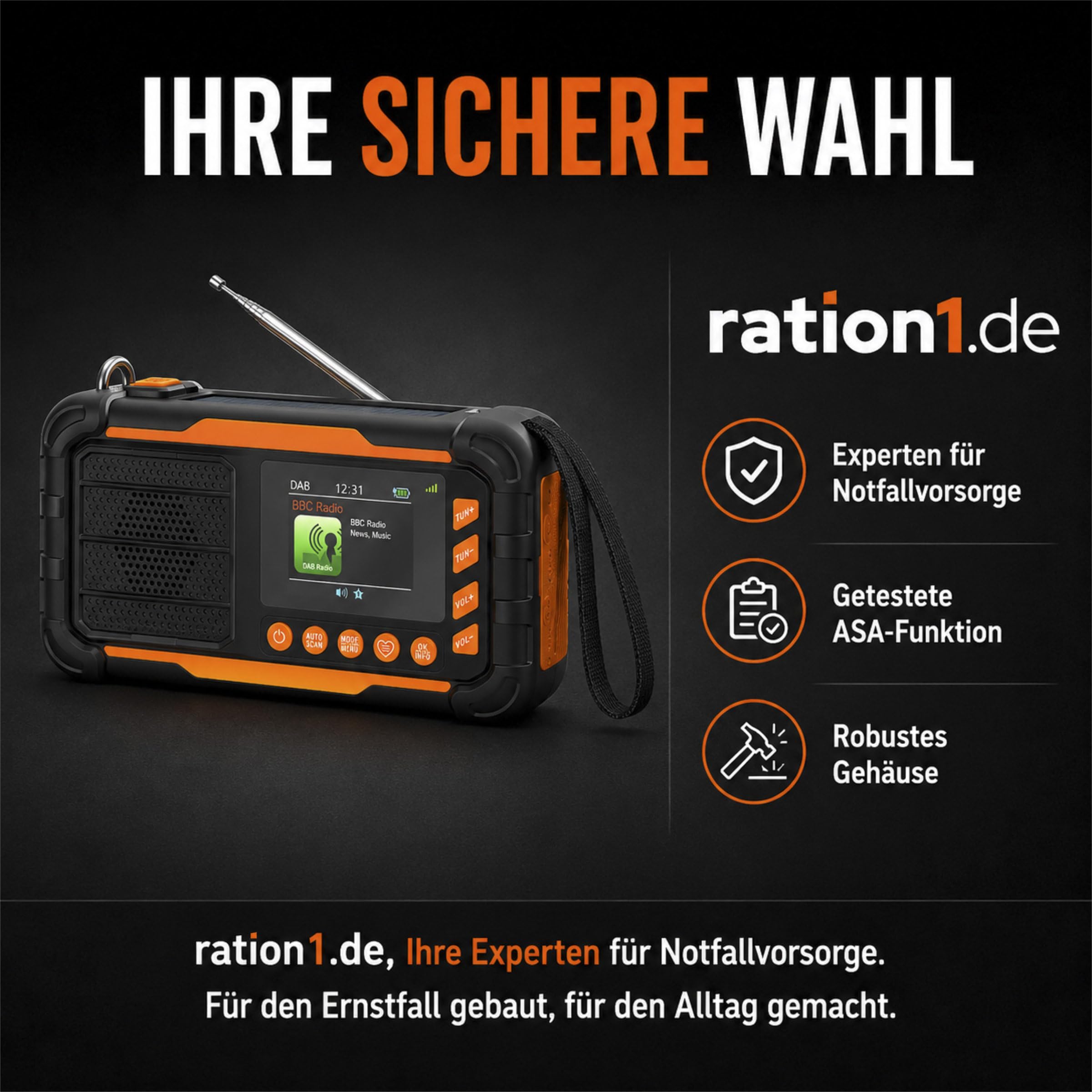 ration1 DAB+ Radio Kurbelradio Notfallradio mit Powerbank, Solar & Kurbel | 10.000 mAh, 80 h Laufzeit, USB-C, Bluetooth 5.3, 2 Zoll Display, Radiowecker, SOS, AA-Reserve, ASA Funktion, Baustellenradio