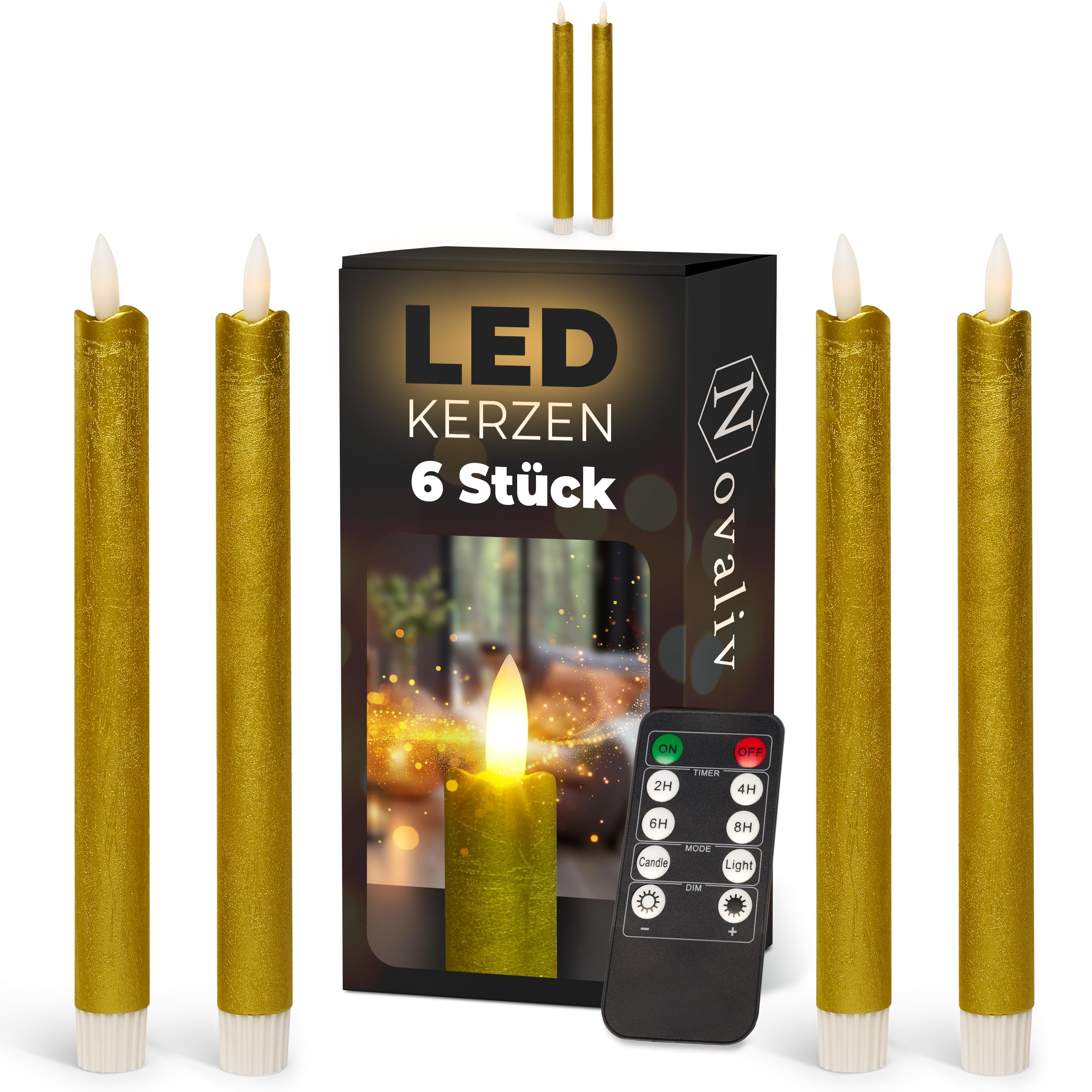 Candele a LED con timer oro, 8 pezzi, per interni – 6 ore – vera cera 23 cm di altezza per candele, diametro 2,2 cm, 2 batterie AAA necessarie, candele LED, set da 4 pezzi, oro (due volte), fiamma
