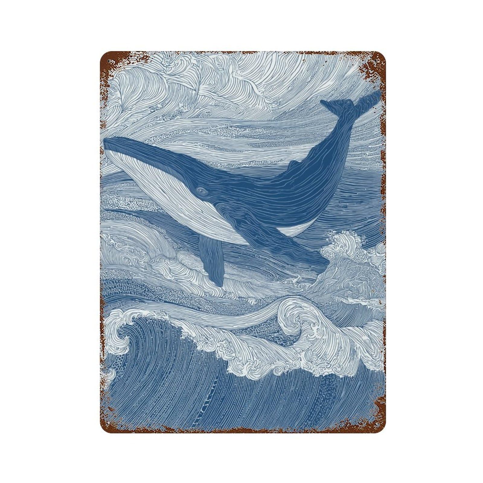 Whale Ocean Waves Art Print-8 15.7"x11.8" Vintage Rust Metal Sign, Novelty Wall Decor for Living Room, Hallway And Home Decor