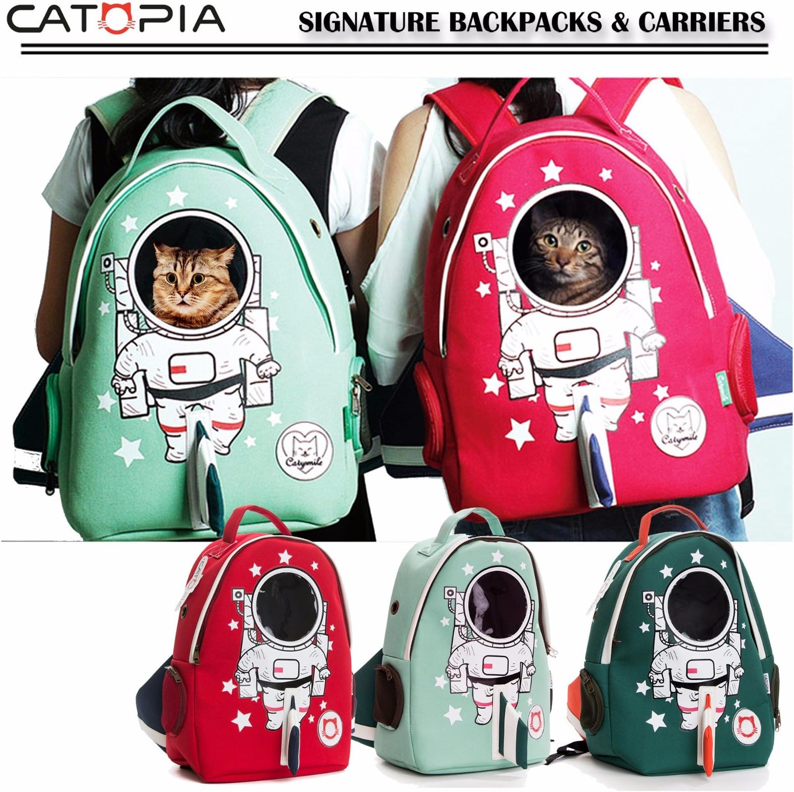 Premium Cat Smile Face Astronaut Character Backpack Shoulder Hand Bag Travel Carrier for Pet Kitty, Cats, Dogs, Animal, Happiness, Lifestyle