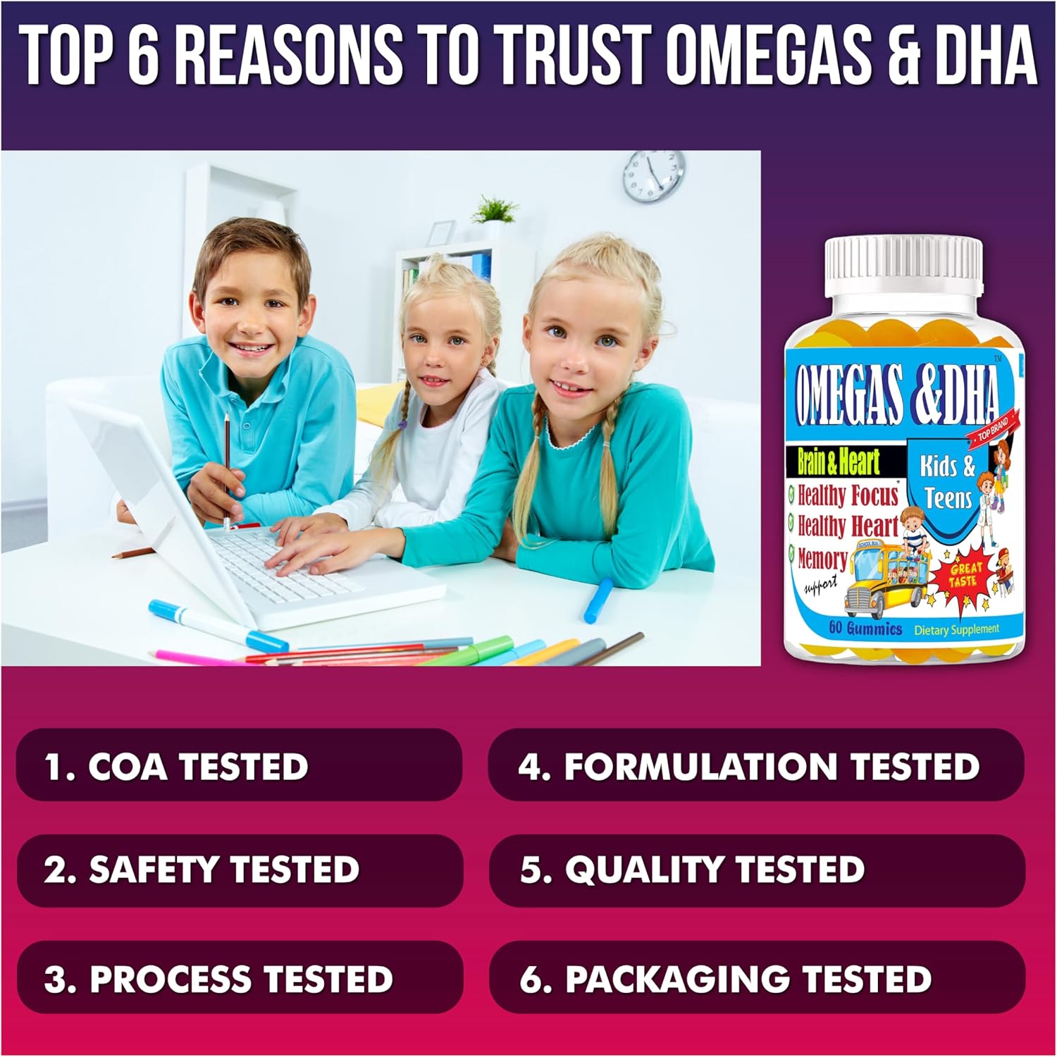 Kids Omega 3 Gummies with DHA & EPA – Omega 3 Supplement for Kids & Teens, Supports Brain Focus & Memory, Eye Health, Great Taste, Non-GMO, 60 Count - Image 6