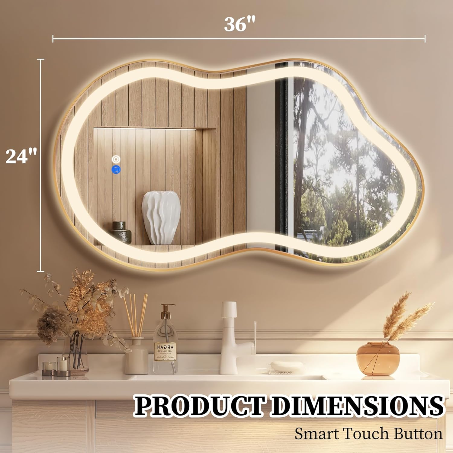 Irregular LED Bathroom Mirror with Lights, Cloud Smart Backlit Mirror, Dimmable Lighted Bathroom Gold Mirror with Anti-Fog, Asymmetrical Vanity Mirror Hangable 2 Ways (Gold, 24 x 36, 2 Pack)
