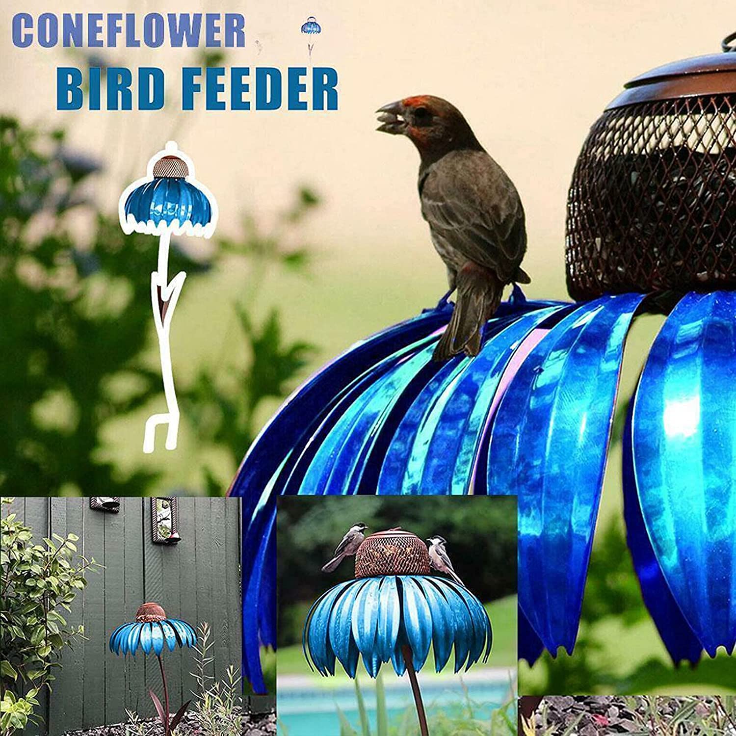Coneflower Standing Bird Feeder – Mangiatoia Per Uccelli Da Giardino In Metallo, Resistente Alla Ruggine, Con Palo, 78 Cm, Blu O Rosa - 3