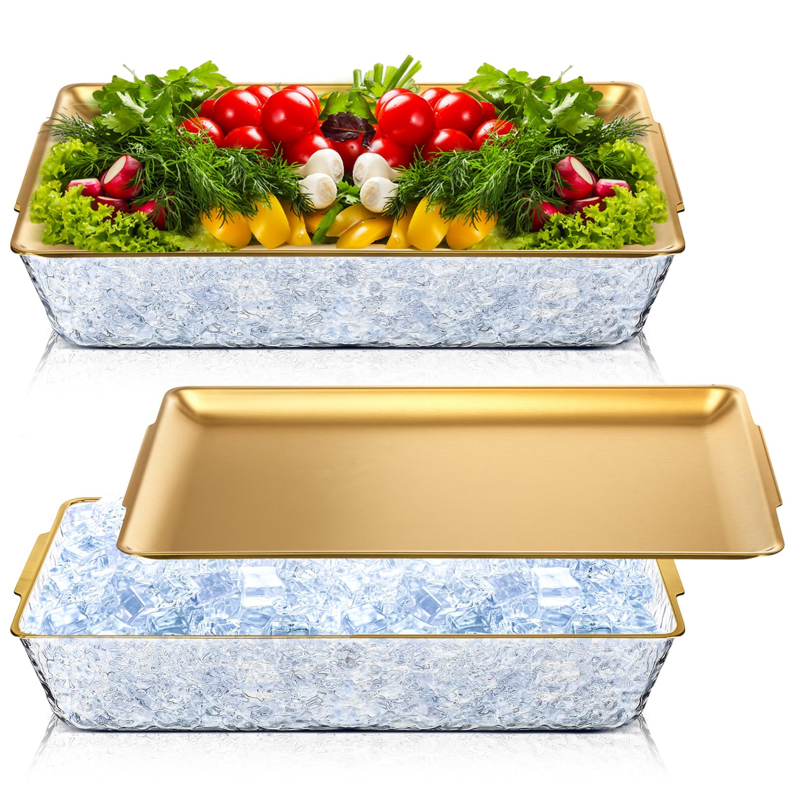 Photo 1 of Baderke 2 Set 16" x 9'' Chilled Serving Tray for Parties with Compartments Rectangle Serving Dish Ice Charcuterie Party Platter for Shrimp Fruit Seafood Vegetable Appetizer (Gold)