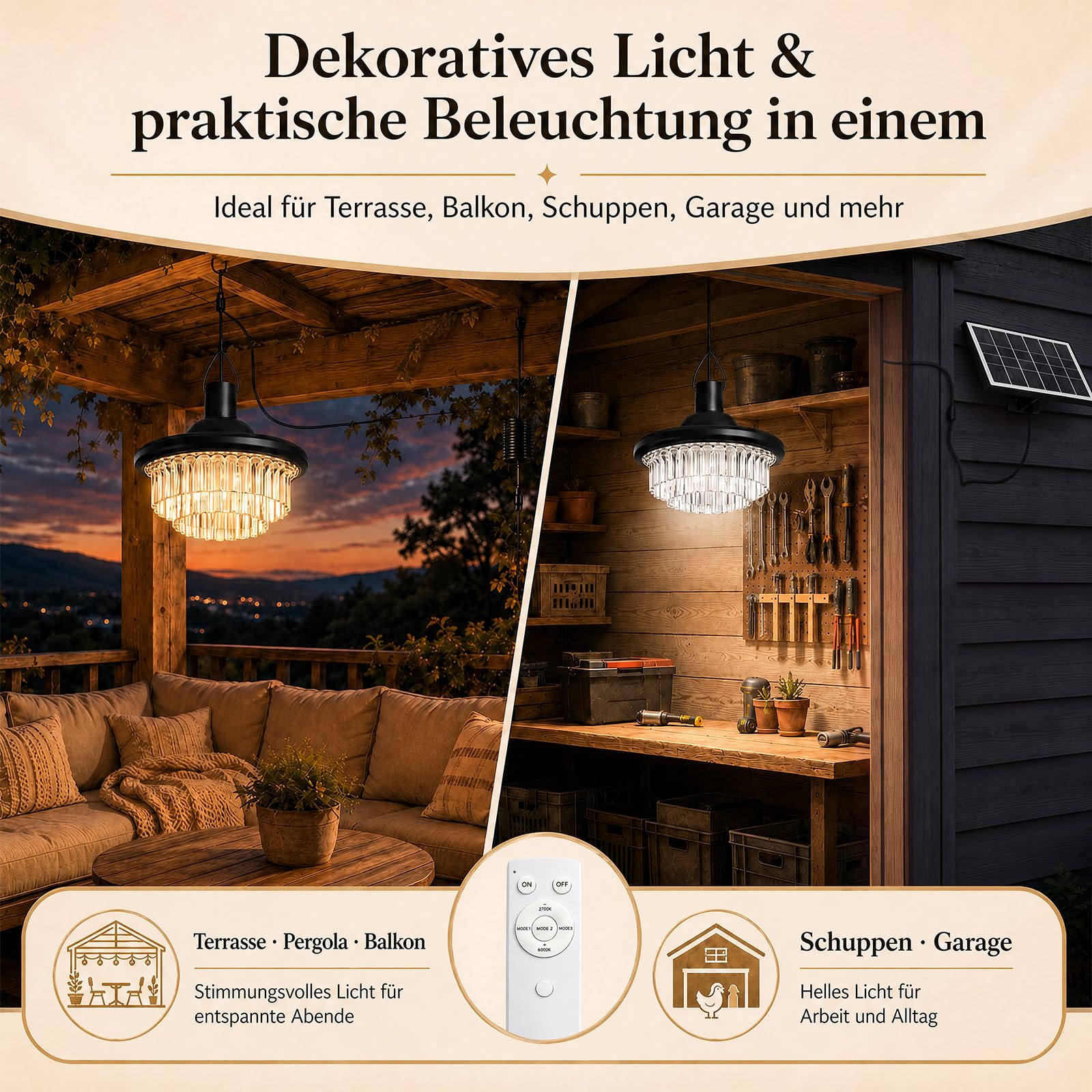 ChunHee Solar Hängelampe mit Bewegungsmelder, 800 lm, IP65 (Langer Kristall)