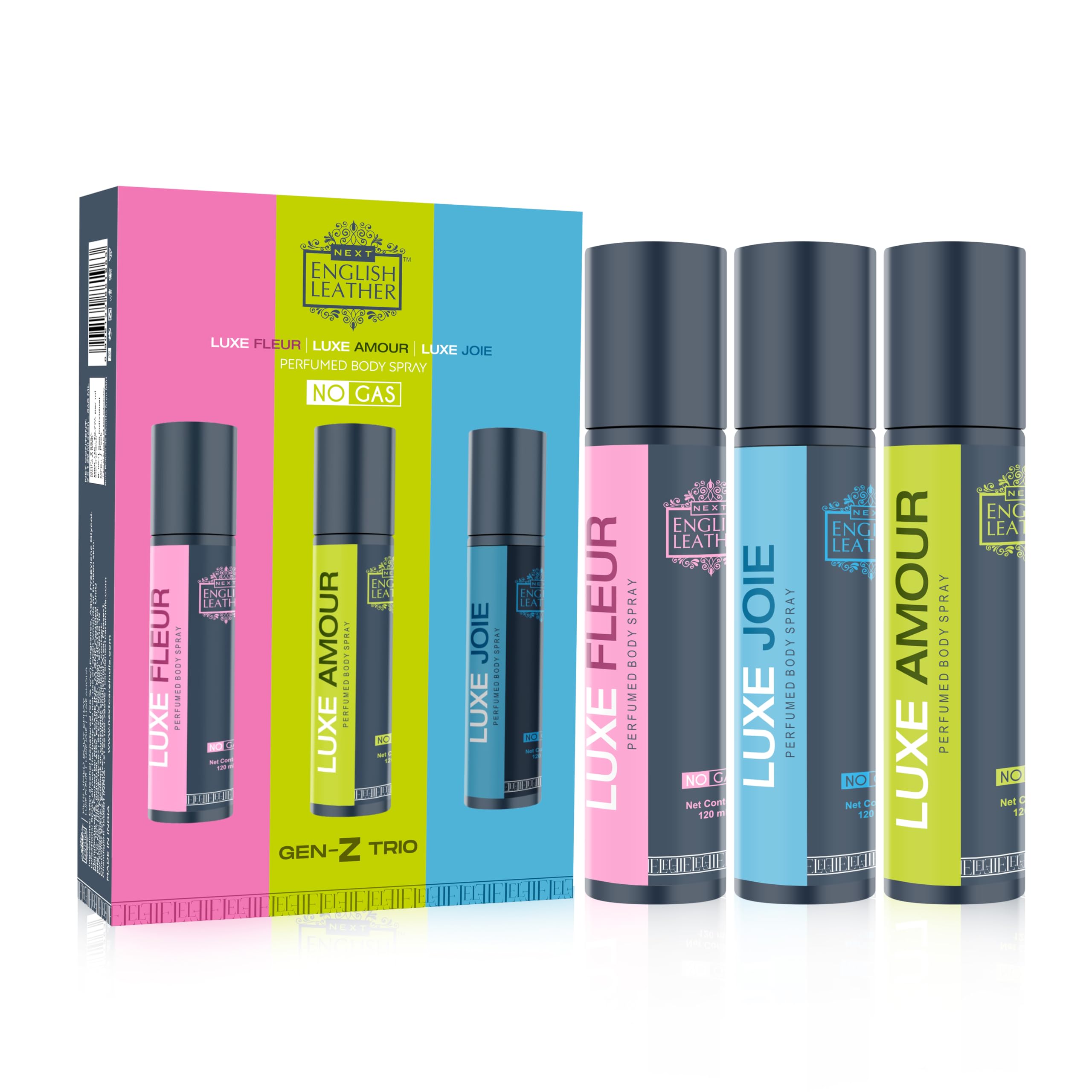 Next Care English Leather No Gas Perfume Body Spray Collection 120 ml Each (Pack of 3) (Gen-Z Pack)