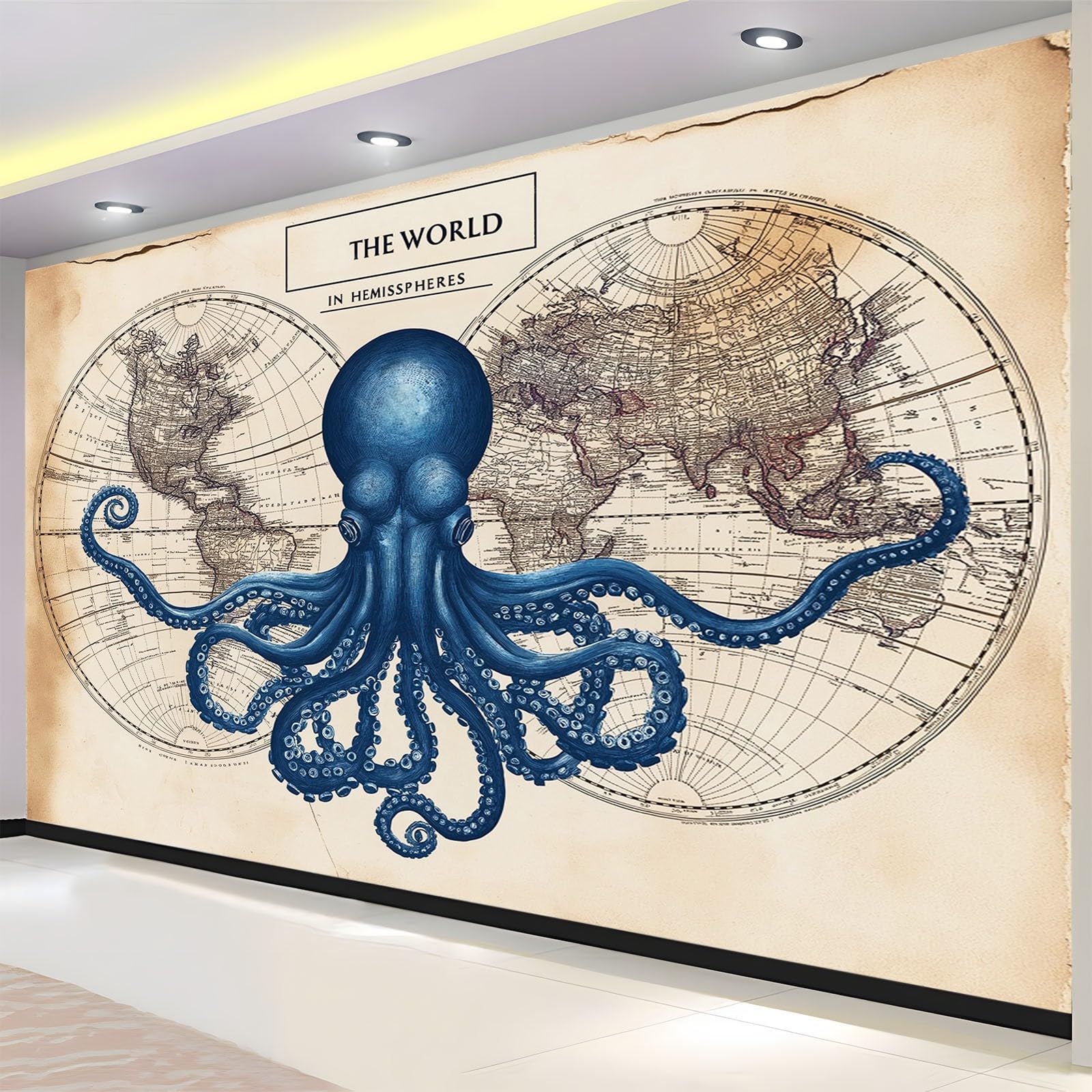 Tapeta Salon 3D Retro Mapa świata Ośmiornica 350 x 256 cm Fototapeta HD Nowoczesny druk, do sypialni TV Dekoracja tła Fototapeta Moda Ściana