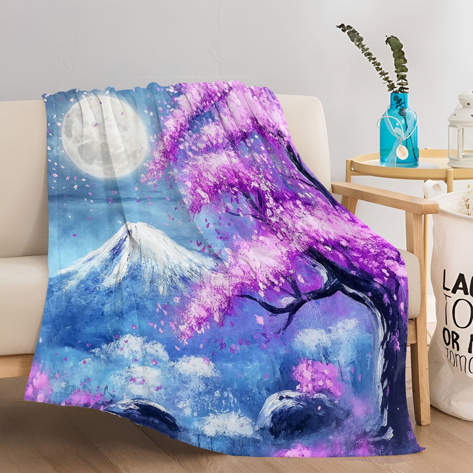 Miękki i lekki koc polarowy, elegancja w kwiaty księżyc, oddychający koc flanelowy, zmywalny, 200 x 200 cm, odpowiedni do sofy w łóżku i na pikniki
