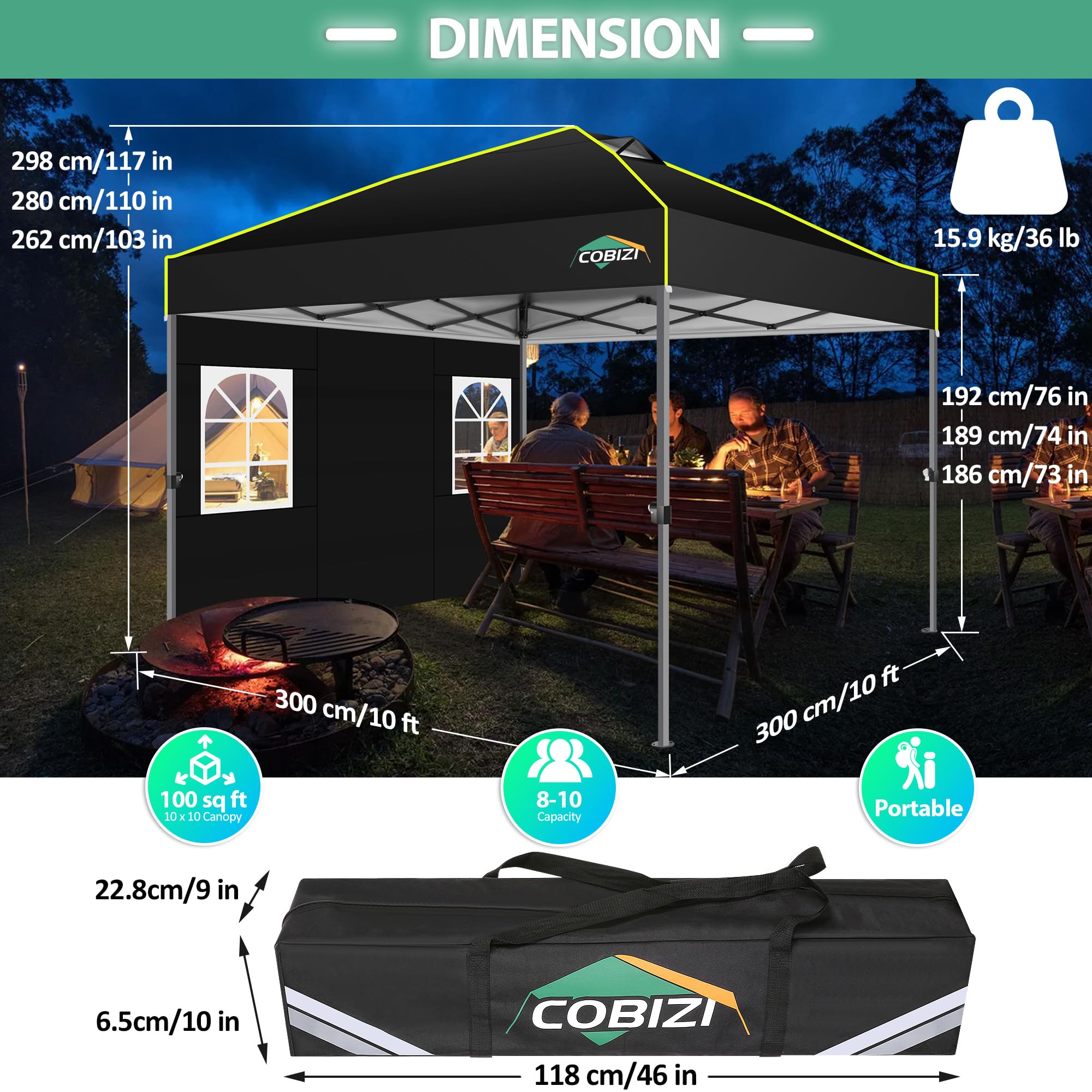 COBIZI Pawilon 3 x 3 m, wodoodporny, stabilny, odporny na zimę, składany pawilon imprezowy, pawilon ogrodowy, rozkładany pawilon, składany namiot z 4 bocznymi otworami wentylacyjnymi, worek z piaskiem