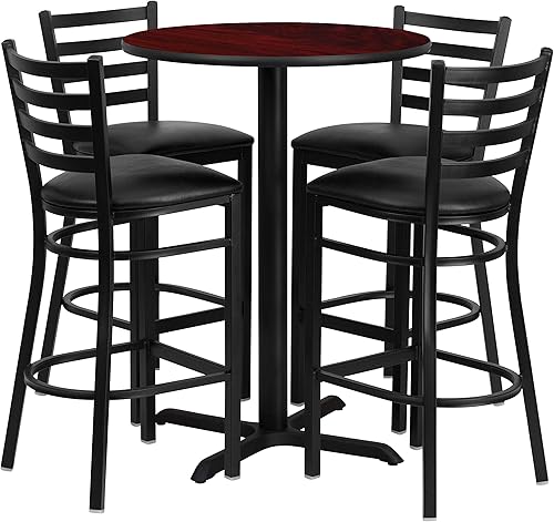 Flash Furniture Juego de mesa redonda laminada de caoba de 30 pulgadas con base en X y 4 taburetes de metal con respaldo de escalera, asiento de