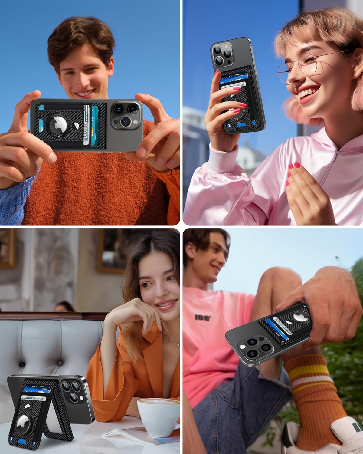 For Magsafe Wallet Stand with Airtag Holder, Strongest Magnetic Wallet for iPhone 17/16/15/14/13/12 Series, ID Window, 4 Card Slots, 10 Cards Holder, Vegan Leather, RFID Blocking, Black Carbon Fiber - Image 9