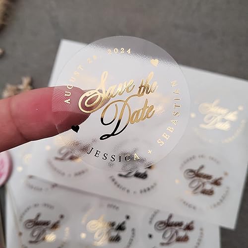Miniatura 4 de Calcomanías personalizadas para guardar la fecha, etiquetas de invitación de oro de boda, sellos de sobres personalizados, adhesivo transparente